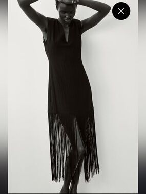 ISO H&M Black Sleeveless Fringe Midi Dress w/ Shoulder Pads